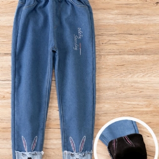 Piger Casual Fleece Termiske Jeans Med Tegneserie Kanin Print Til Vinter