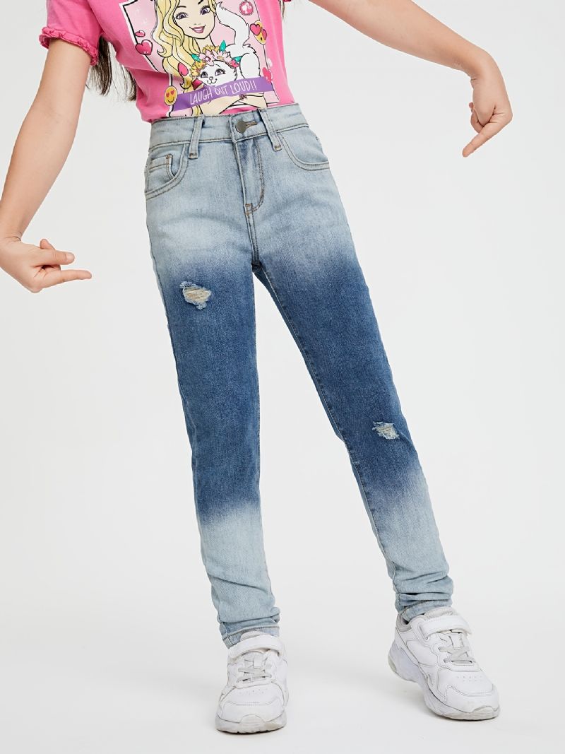 Piger Casual Loose Fit Ripped Denim Jeans Med Lomme Til Vinter Lyseblå & Mørkeblå Blanding