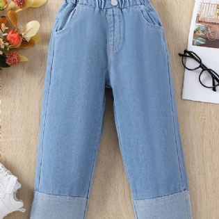 Piger Casual Patchwork Denim Jeans Solid Løse Lige Ben Bukser