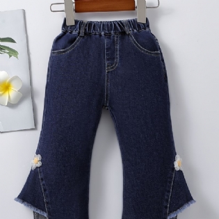 Piger Casual Simple Flared Denim Jeans Med Flower Elastik Talje Til Vinter