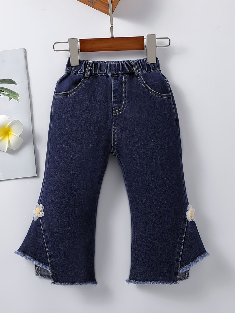 Piger Casual Simple Flared Denim Jeans Med Flower Elastik Talje Til Vinter