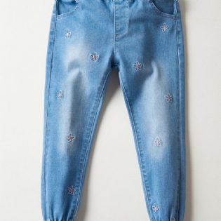 Piger Casual Vintage Elastiske Denim Jeans Med Blomsterbroderi Til Vinter