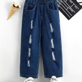 Piger Casual Vintage Ripped Denim Jeans Med Elastisk Talje Til Vinter