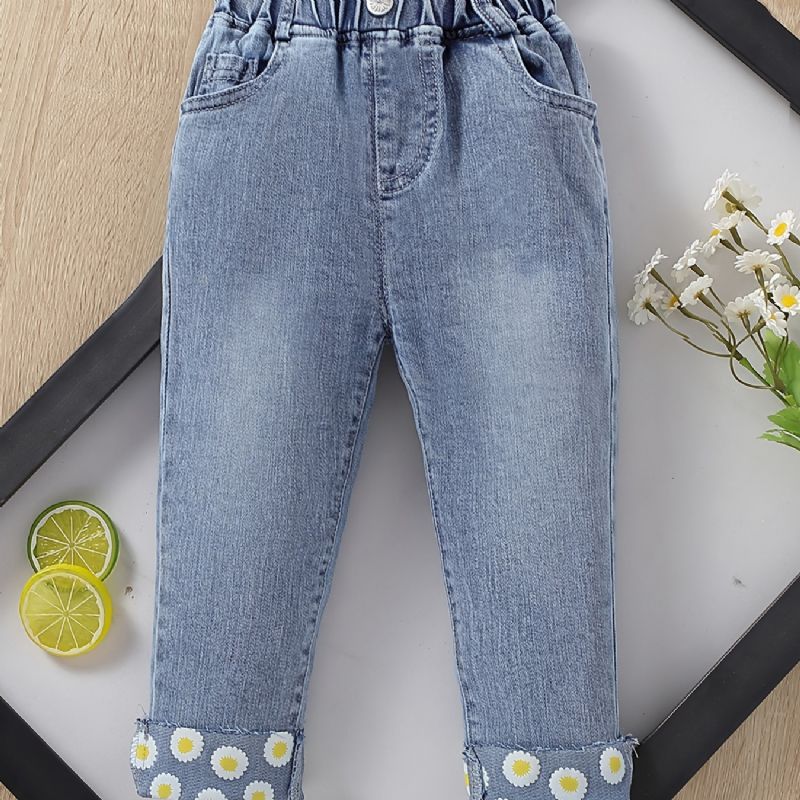 Piger Daisy Pattern Jeans Denimbukser Med Lige Ben Og Elastisk Linning Børnetøj