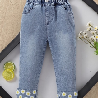 Piger Daisy Pattern Jeans Denimbukser Med Lige Ben Og Elastisk Linning Børnetøj