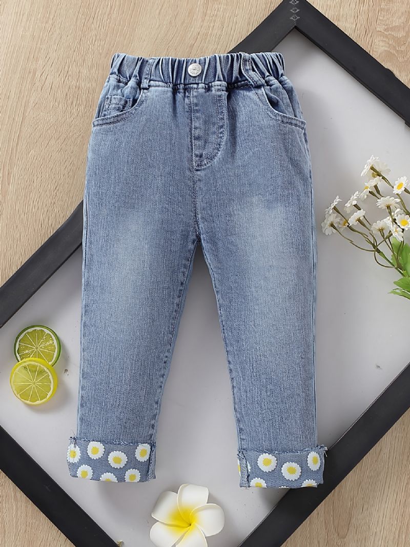 Piger Daisy Pattern Jeans Denimbukser Med Lige Ben Og Elastisk Linning Børnetøj
