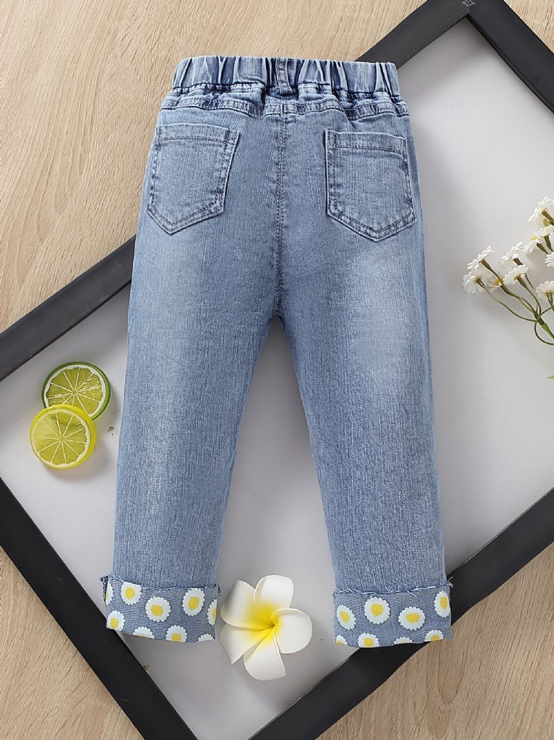 Piger Daisy Pattern Jeans Denimbukser Med Lige Ben Og Elastisk Linning Børnetøj