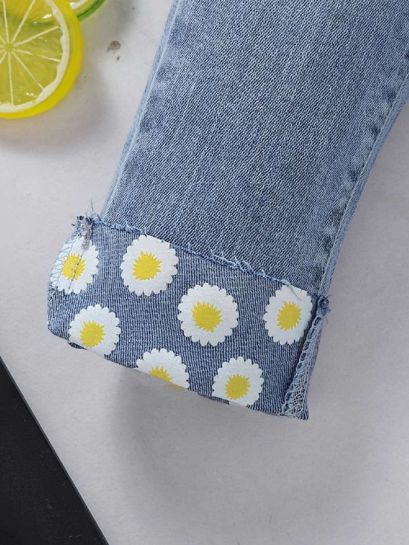 Piger Daisy Pattern Jeans Denimbukser Med Lige Ben Og Elastisk Linning Børnetøj
