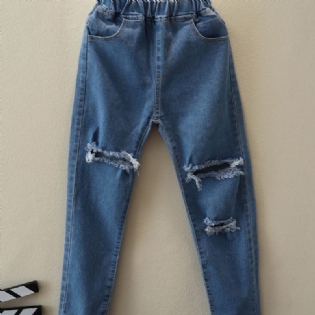 Piger Ensfarvede Stretch Rippede Jeans