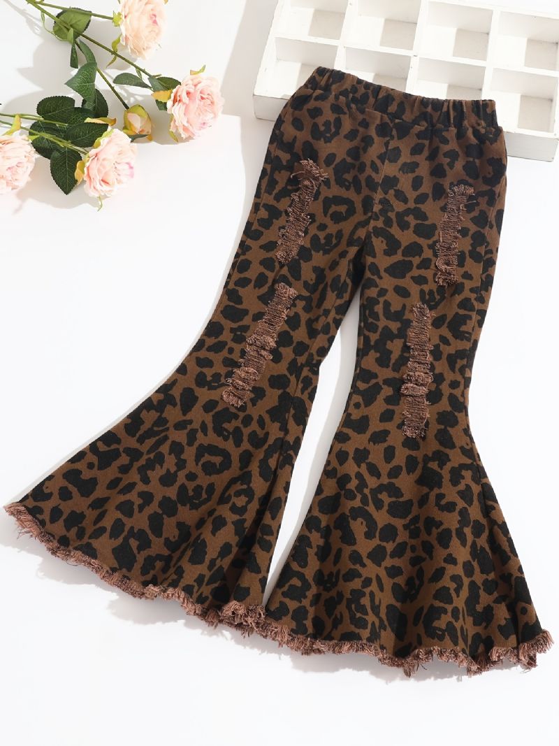 Piger Flared Bottom Leopard Ripped Denim Jeans Børnetøj Outfits