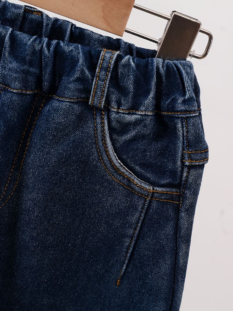 Piger Fleece Jeans Med Lige Ben Bjørnemønster Elastisk Linning Denimbukser Til Vinter Børnetøj