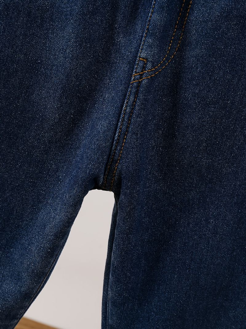 Piger Fleece Jeans Med Lige Ben Bjørnemønster Elastisk Linning Denimbukser Til Vinter Børnetøj