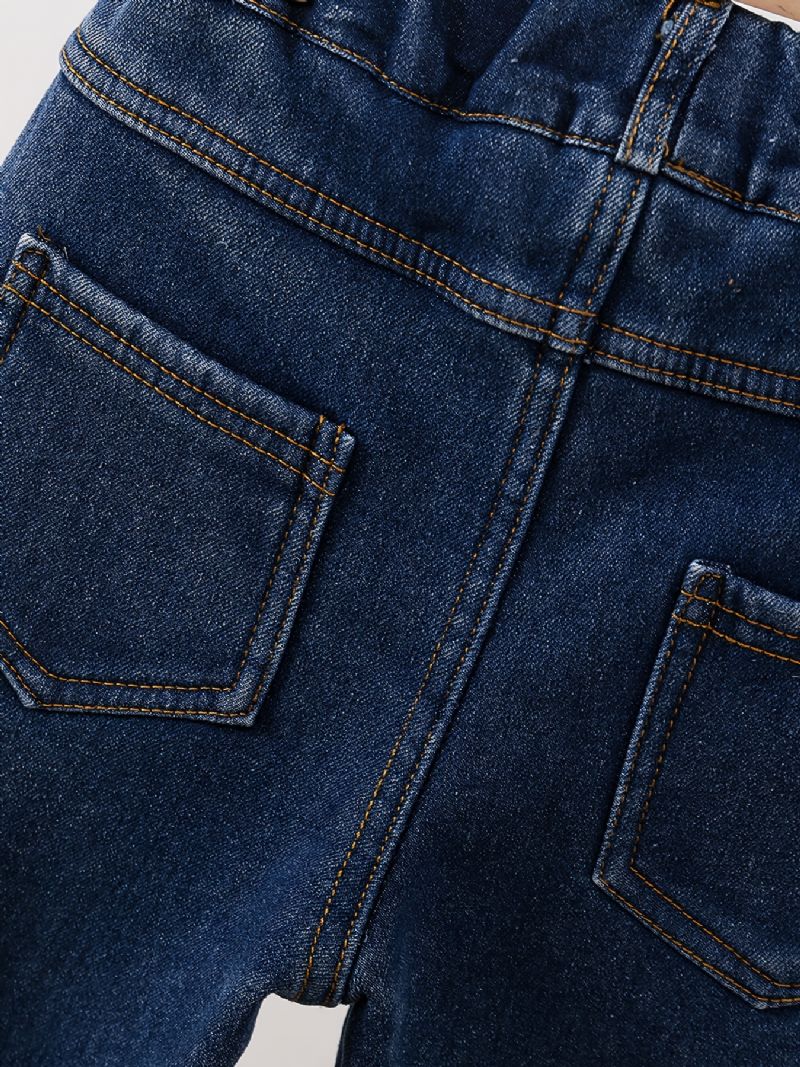 Piger Fleece Jeans Med Lige Ben Bjørnemønster Elastisk Linning Denimbukser Til Vinter Børnetøj