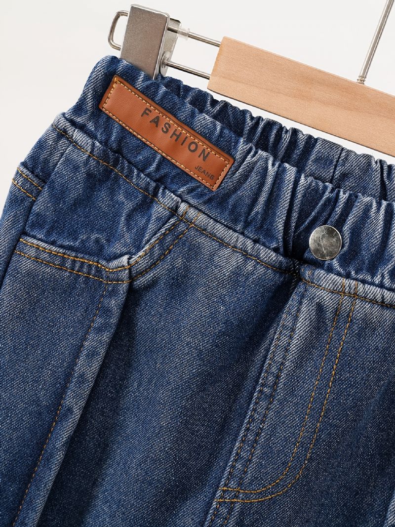 Piger Jeans Med Lige Ben Casual Plys Varm Elastisk Talje Denimbukser Børnetøj