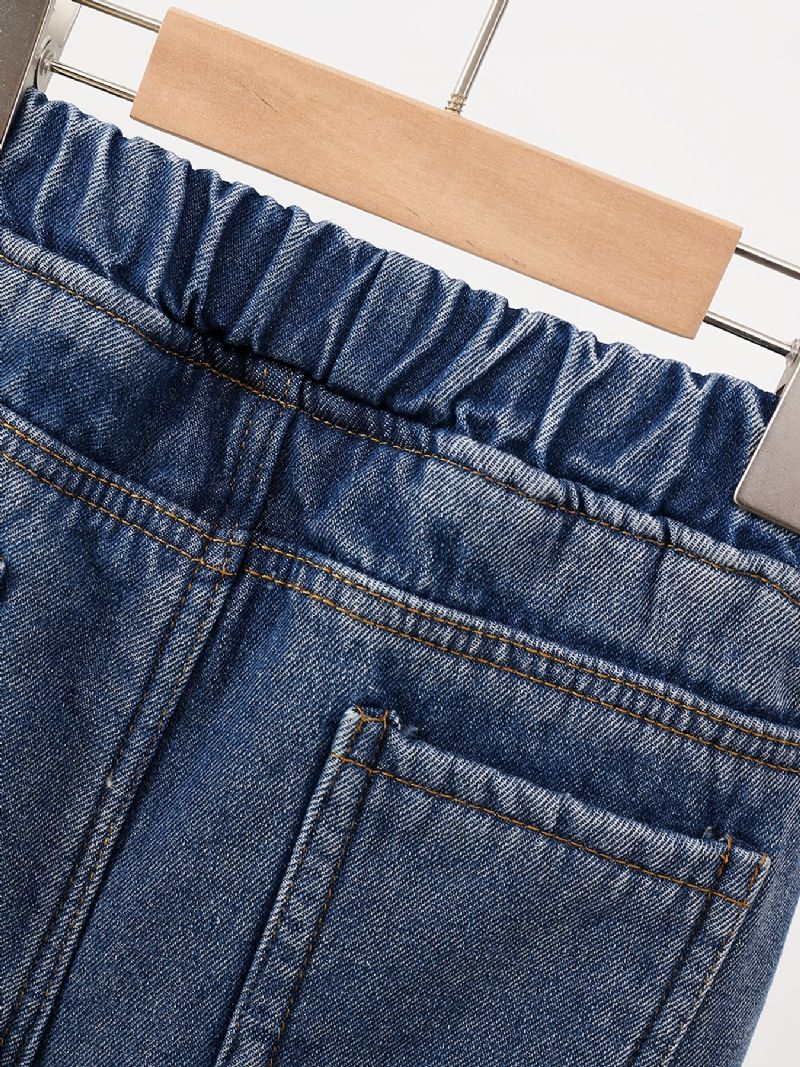 Piger Jeans Med Lige Ben Casual Plys Varm Elastisk Talje Denimbukser Børnetøj