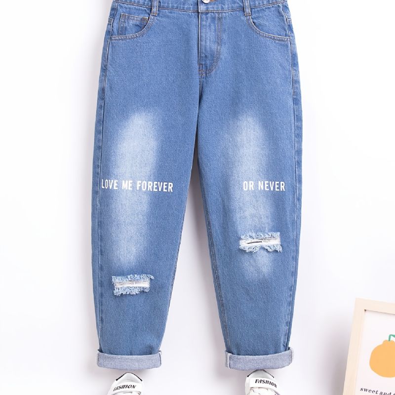 Piger Retro Rippede Jeans Bogstaver Print Denim Bukser