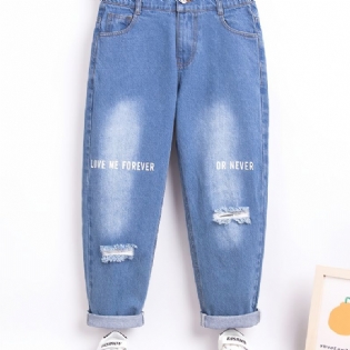 Piger Retro Rippede Jeans Bogstaver Print Denim Bukser