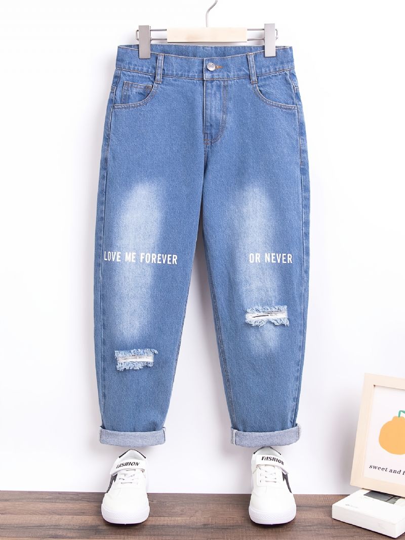 Piger Retro Rippede Jeans Bogstaver Print Denim Bukser