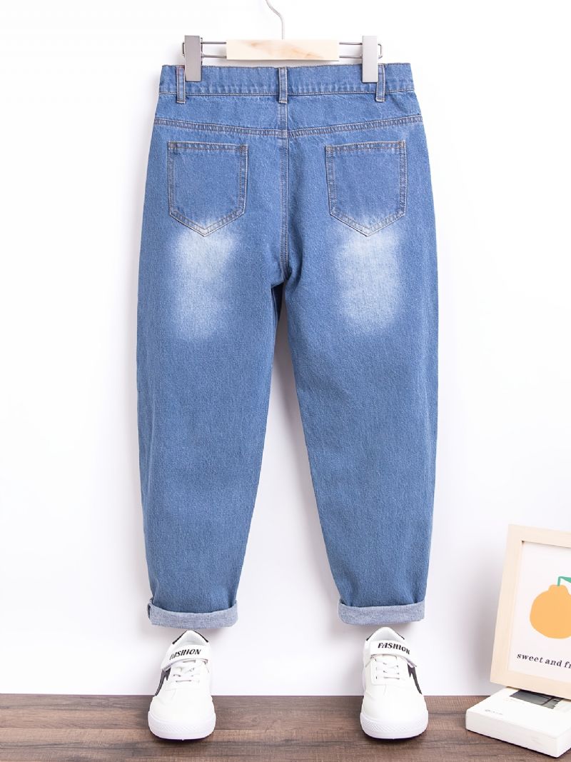 Piger Retro Rippede Jeans Bogstaver Print Denim Bukser