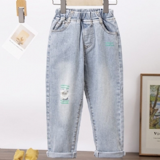 Piger Ripped Jeans Brev Blomster Print Elastisk Talje Denimbukser Børnetøj