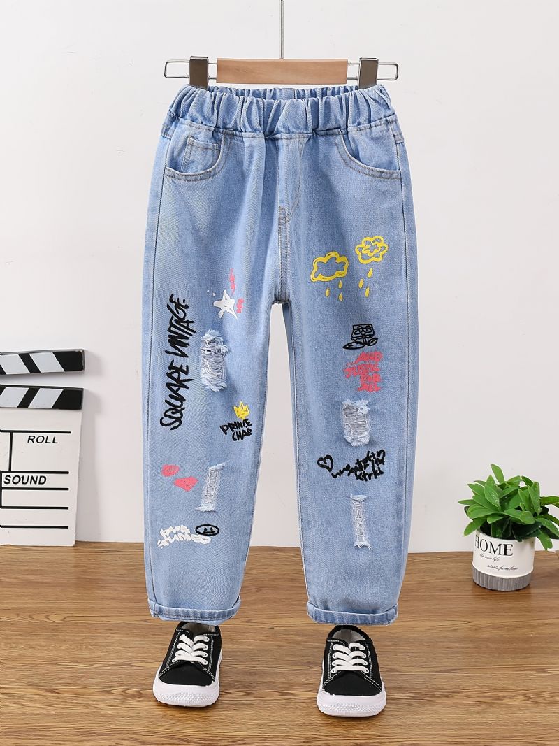 Piger Rippede Tilspidsede Jeans Tegneseriemønster Elastisk Linning Denim Børnetøj