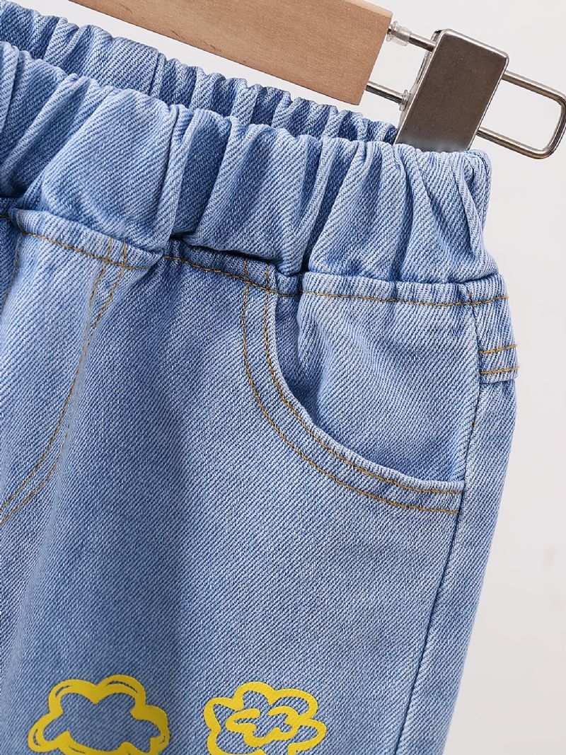 Piger Rippede Tilspidsede Jeans Tegneseriemønster Elastisk Linning Denim Børnetøj