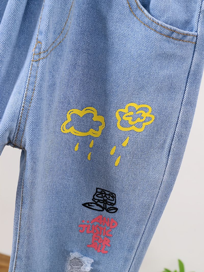 Piger Rippede Tilspidsede Jeans Tegneseriemønster Elastisk Linning Denim Børnetøj