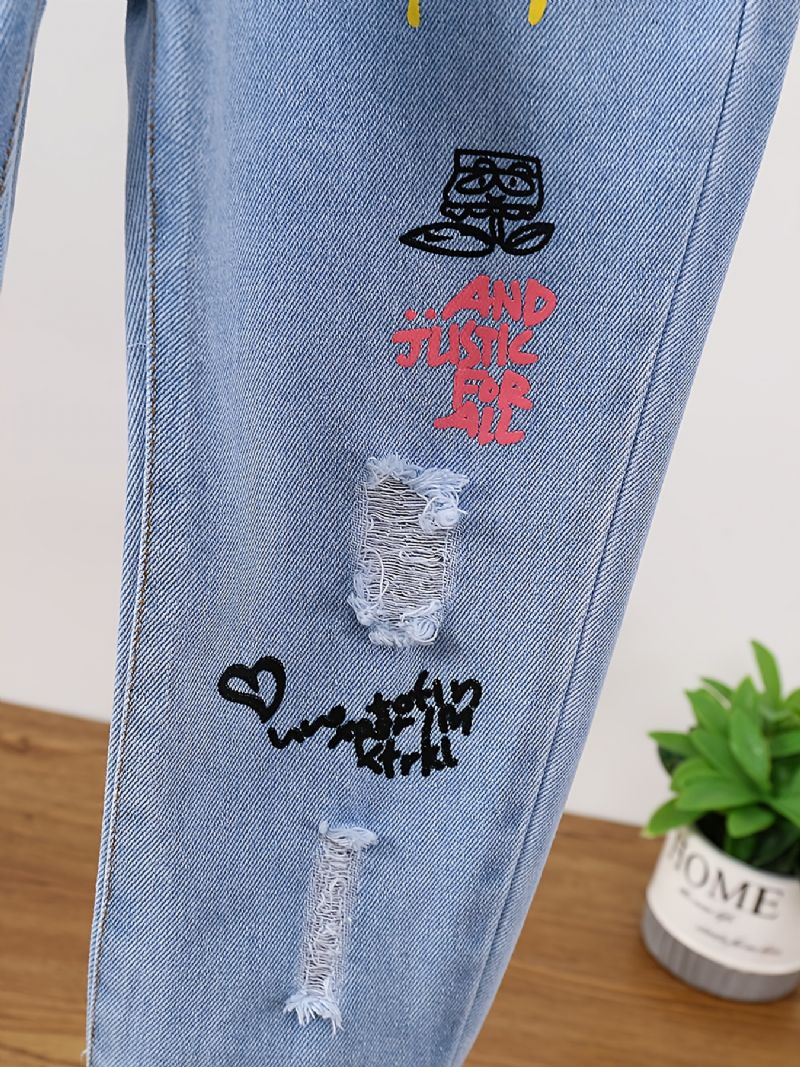 Piger Rippede Tilspidsede Jeans Tegneseriemønster Elastisk Linning Denim Børnetøj