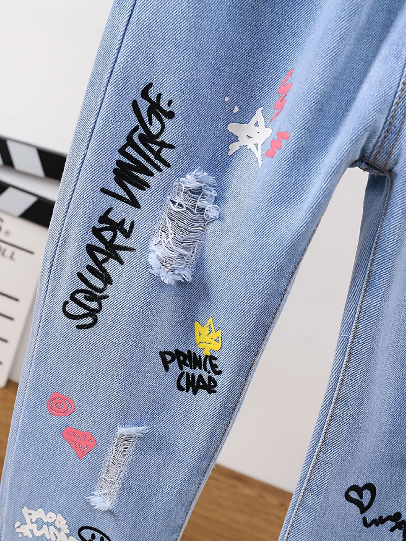 Piger Rippede Tilspidsede Jeans Tegneseriemønster Elastisk Linning Denim Børnetøj