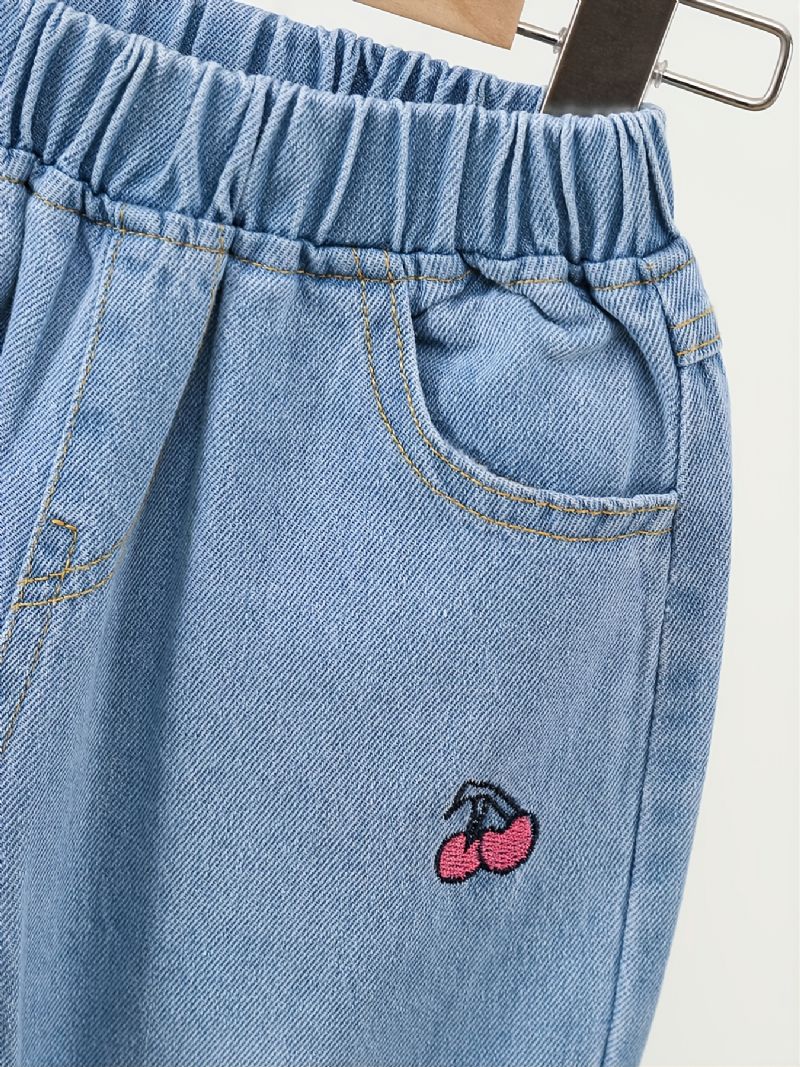 Piger Sød Cherry Broderi Denim Casual Jeans Efterår Vinter