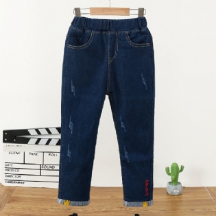 Småbørn Piger Denim Casual Jeans Brev Broderi Forår Efterår