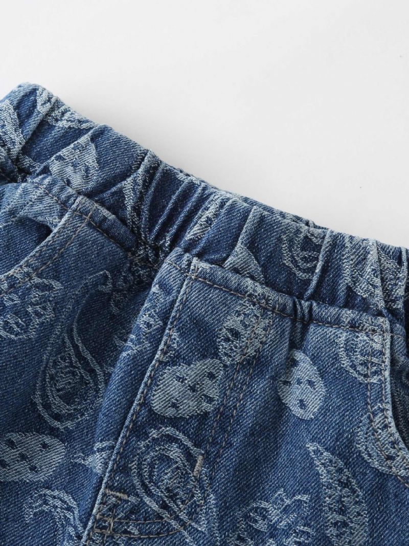 Stretch-tilspidsede Jeans Til Drenge Med Geometrisk Mønster Elastisk Linning Denimbukser Børnetøj