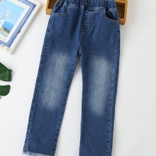Teenagepiger Raw Hem-jeans Med Elastisk Taljedesign Til Efterår Og Vinter Ny
