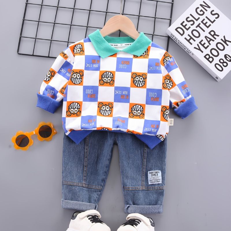 Toddler Baby Drenge Tegneserie Plaid Printet Langærmet Revers Top & Jeans