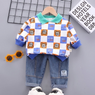 Toddler Baby Drenge Tegneserie Plaid Printet Langærmet Revers Top & Jeans