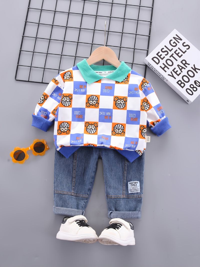 Toddler Baby Drenge Tegneserie Plaid Printet Langærmet Revers Top & Jeans