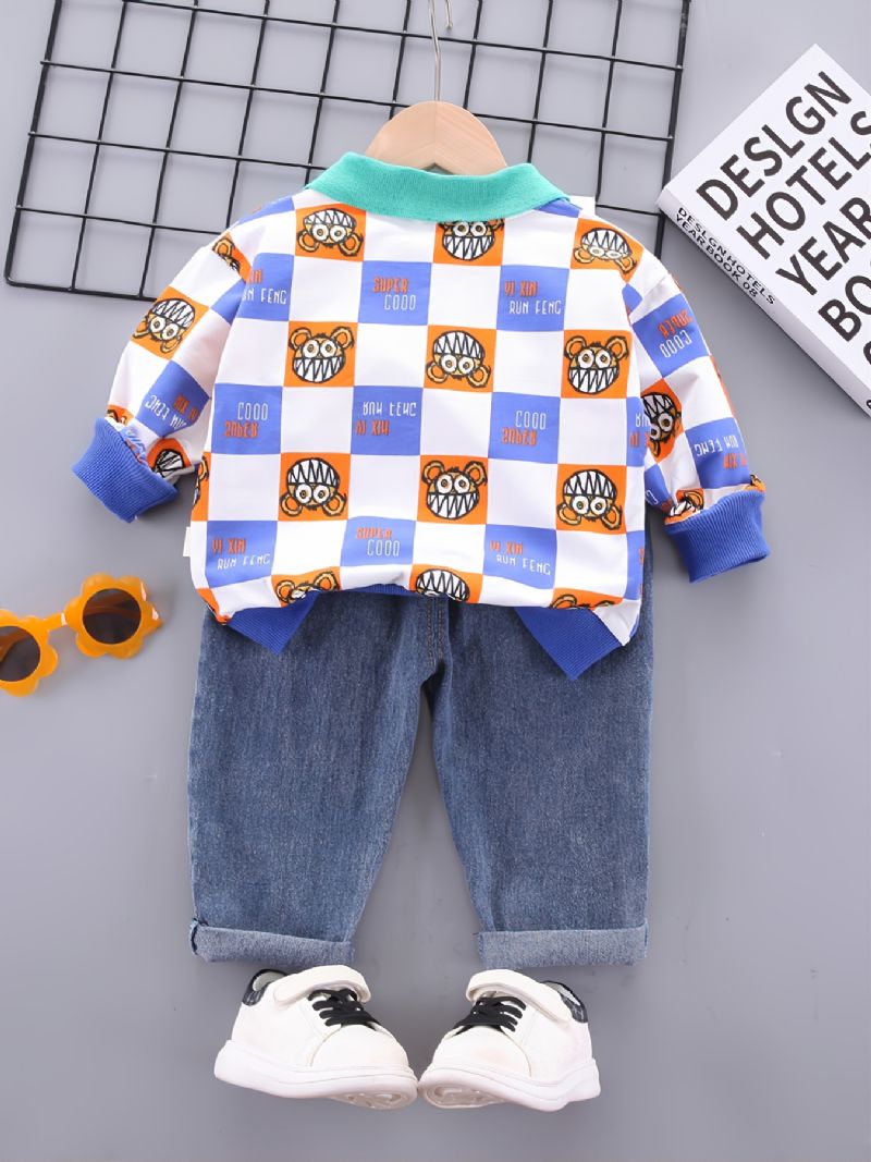 Toddler Baby Drenge Tegneserie Plaid Printet Langærmet Revers Top & Jeans