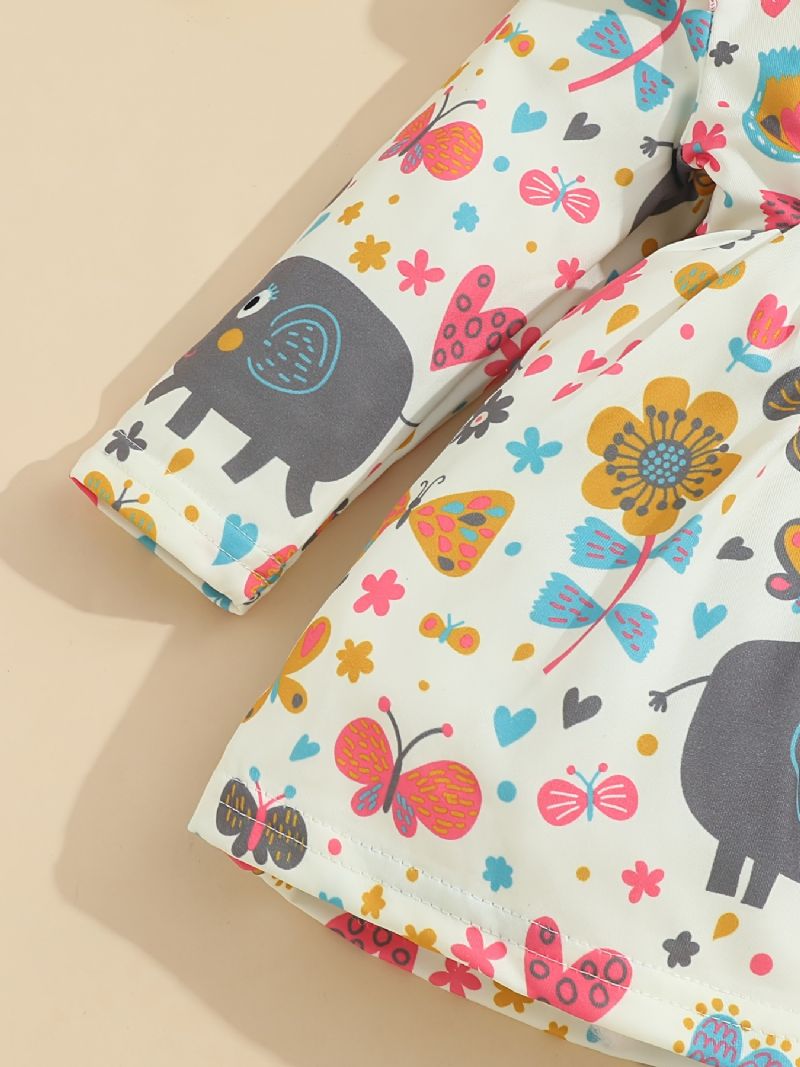 2 Stk Babypiger Kausal Pjusket Kjole Med Tegneserie Elefant Blomsterprint & Sløjfe Pandebånd Til Fest