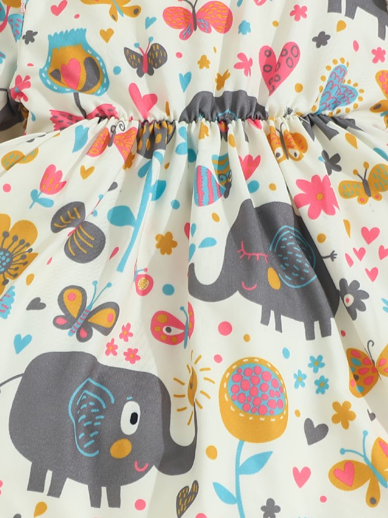 2 Stk Babypiger Kausal Pjusket Kjole Med Tegneserie Elefant Blomsterprint & Sløjfe Pandebånd Til Fest