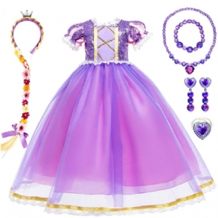 6 Stk Pige Rapunzel Lilla Prinsesse Kjole Kostume Smykker & Blomsterfletning Hårbånd Til Juleaften Fest Fødselsdag Børnetøj