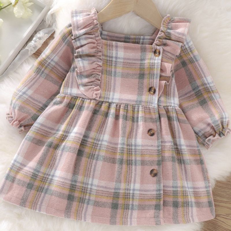 Baby Pige Plaid Print Flæseærmer Tyk Kjole
