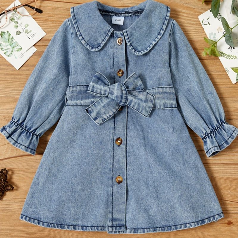 Baby Pige Sløjfe Bælte Flæsekant Denim Kjole