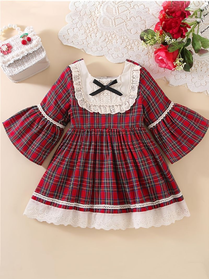 Baby Piger Julekjole Plaid Flare Sleeve Blonde Prinsesse Kjole Børnetøj