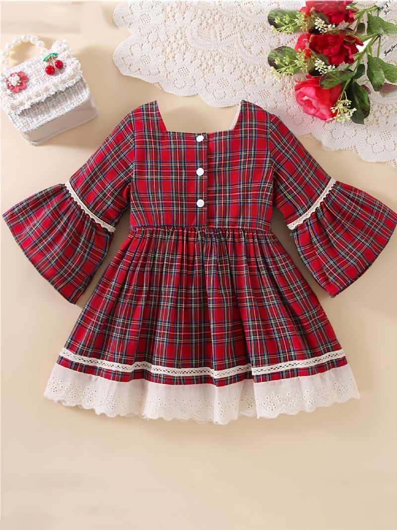 Baby Piger Julekjole Plaid Flare Sleeve Blonde Prinsesse Kjole Børnetøj