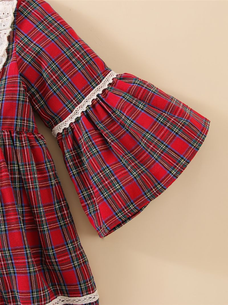 Baby Piger Julekjole Plaid Flare Sleeve Blonde Prinsesse Kjole Børnetøj