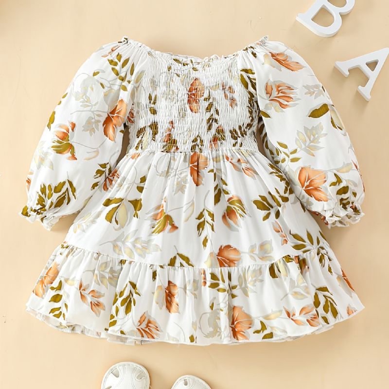 Baby Piger Kjole Flæser Plisseret Langærmet Blomster Print Børnetøj