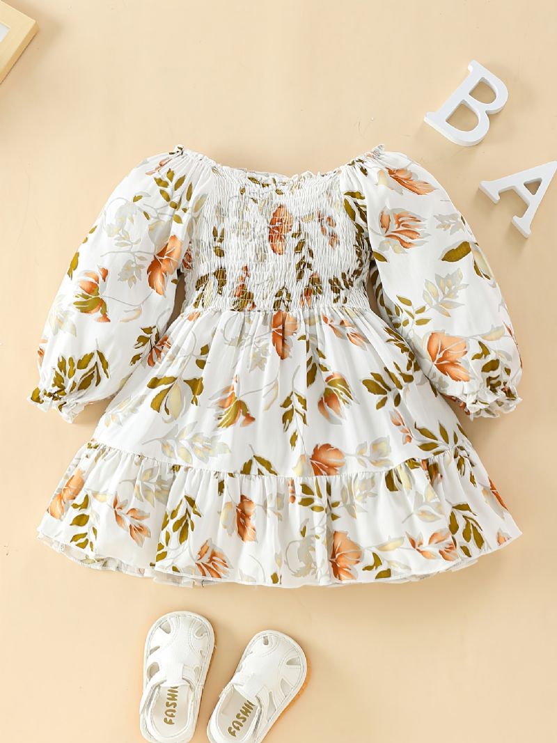Baby Piger Kjole Flæser Plisseret Langærmet Blomster Print Børnetøj