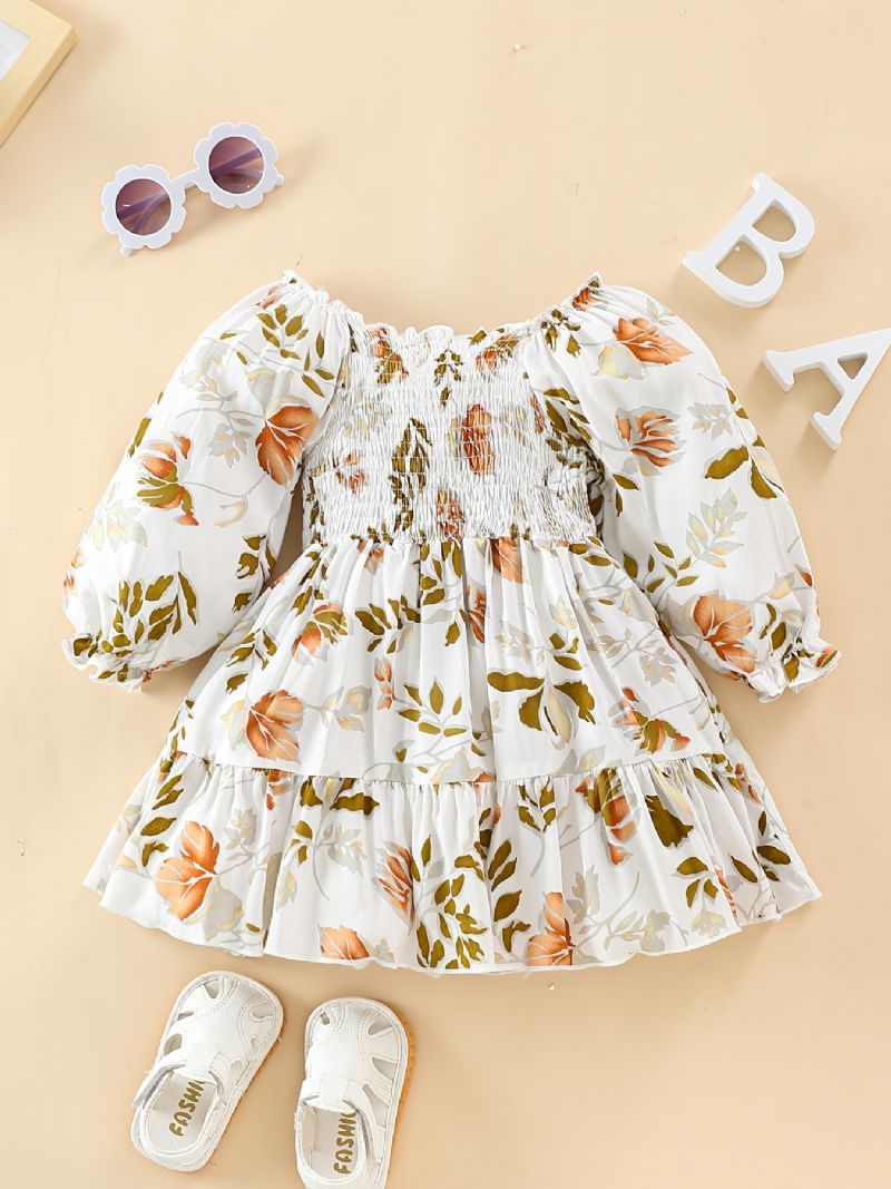 Baby Piger Kjole Flæser Plisseret Langærmet Blomster Print Børnetøj