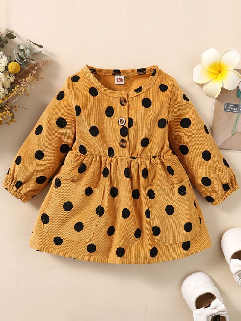 Baby Piger Kjole Langærmet Rund Hals Polka Dots Pocket Dress Børnetøj