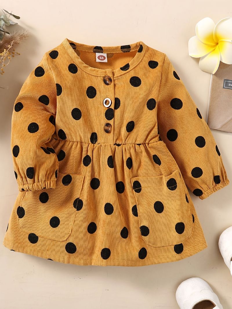 Baby Piger Kjole Langærmet Rund Hals Polka Dots Pocket Dress Børnetøj